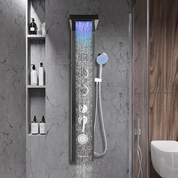Jayseuw Pannello Doccia Per Bagno Sistema Doccia Idromassaggio Doccia A Pioggia Pannello Doccia Multifunzionale 5 Grandi Getti Massaggianti Colonna Doccia, Nero-image