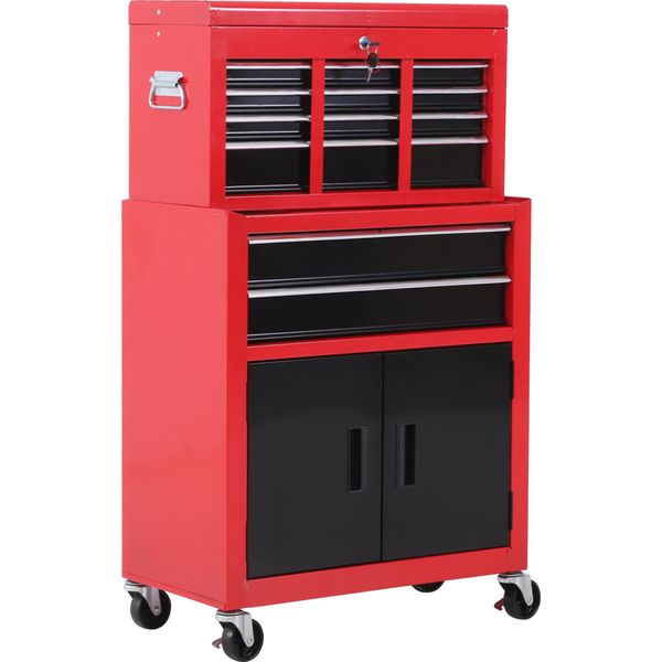Homcom Carrello Da Officina Con Cassetta Portautensili Carrello Portautensili Vuoto Con 6 Cassetti, 2 Chiavi Armadio Portautensili In Metallo Rosso+Nero-image