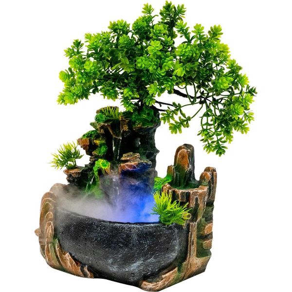 Fontana Da Interno - Fontana Da Tavolo - Illuminazione A Led - Cascata Con Nebbia - Resina - Per Soggiorno E Scrivania - Verde-image