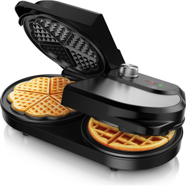 Ferro Per Waffel Arendo, Piastra Per Waffel Duo Con 2X Piastre Per Waffel, Waffel Belgi E Forma Di Cuore, Doppia, 1400 W, Regolazione Continua Della Temperatura, Rivestimento Antiaderente, Acciaio Inox, Senza Bpa-image