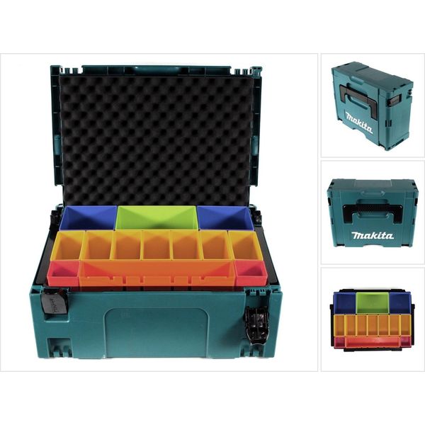 Makita Makpac 2 Valigetta Sistema + Inserto Scatola Con Scatole Colorate P-83652 + Inserto Coperchio In Schiuma-image