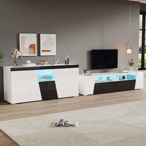 Fortuna Lai Combinazione Di Mobile Tv E Mobile Ausiliario, 180*38,5*45 Cm Mobile Tv Lucido, Mobile Tv Con Illuminazione A Led, Mobile Basso, 140 X 40 X 65 Cm, Credenza Per Soggiorno, Bianco E Nero-image