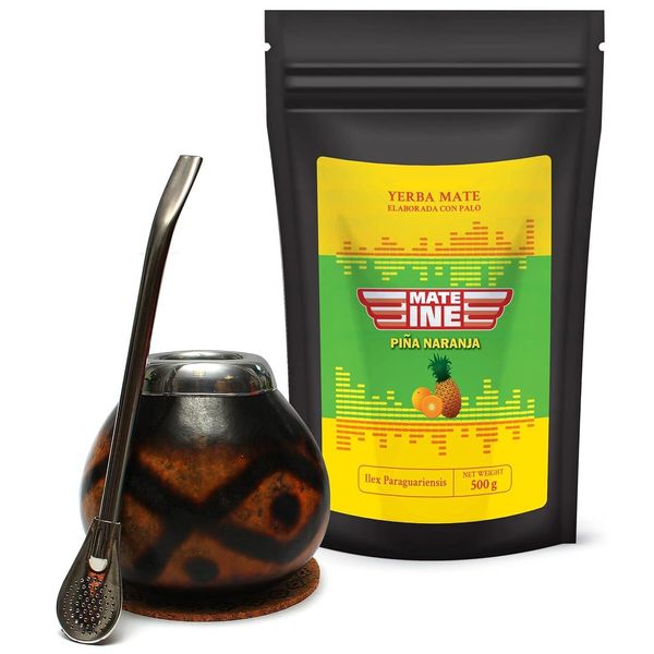 Set Da Tè Mateine Mate - Paraguayan Yerba Mate Tea Mateine Pina Naranja 500G - Naturale Mate Tea Cup Calabash - Bombilla 19 Cm-image