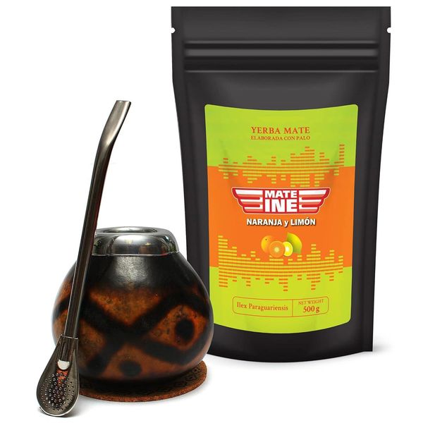 Set Per Tè Mateine Mate - Tè Yerba Mate Del Paraguay Mateine Naranja Y Limon 500 G - Tazza Naturale Per Tè Mate Calabaza - Cannuccia Bombilla 19 Cm-image