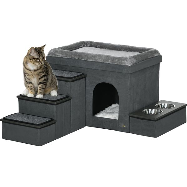 Pawhut Grotta Per Gatti Con Scale, Casa Per Gatti Con 2 Ciotole In Acciaio Inox, Letto Per Gatti, Casa Per Cani Con Cuscino, Per Gatti, Cani Fino A 8 Kg, Poliestere, 78 X 48 X 49,5 Cm, Grigio-image