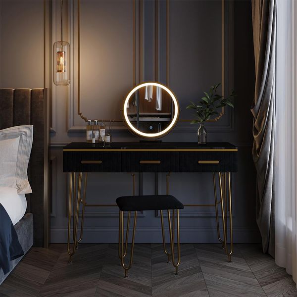 Vicco Tavolo Da Toeletta Layla, 100 Cm Con Specchio Led E Sgabello, Nero Lucido-image