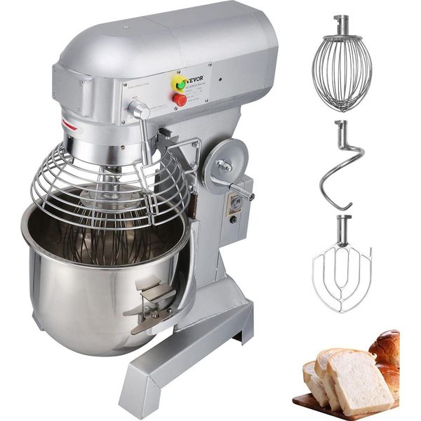 Impastatrice Vevor Robot Da Cucina, Impastatrice In Acciaio Inox Da 15 Qt, 600 W, Regolabile (130/233/414 Giri/Min.), Incl. Ciotola In Acciaio Inox, Gancio Per Impasto, Frusta, Sbattitore, Ideale Per Panetterie, Ristoranti-image