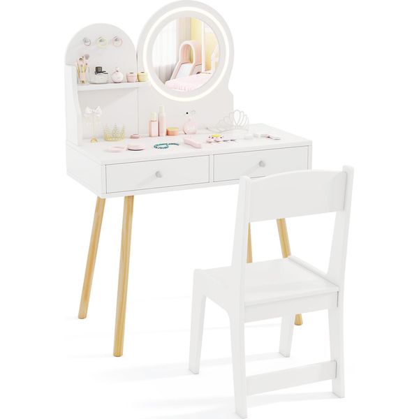Set Da Toeletta Per Bambini Costway Con Specchio Illuminato, Tavolino Da Trucco E Sedia Con Motivo Principessa, Specchio, Ripiano Aperto Bianco-image