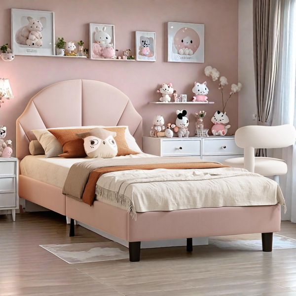 Letto Per Bambini Imbottito 90X200Cm, Struttura Letto Singolo Con Testiera Regolabile, Letto Per Ragazzi E Ragazze, Velluto, Rosa-image