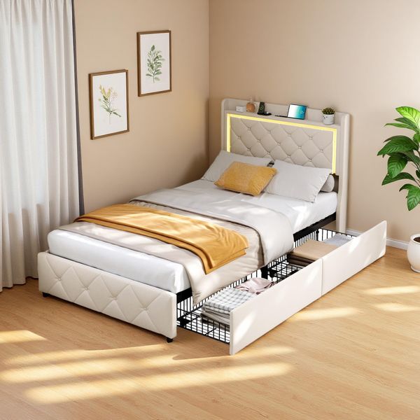 Letto Imbottito Fortuna Lai 90X200 Cm, Letto Per Bambini Letto Per Ragazzi Letto Singolo Letto Per Ospiti Con 2 Cassetti, Led, Usb E Rete A Doghe, Letto Contenitore Con Testata E Rete, Velluto, Beige-image