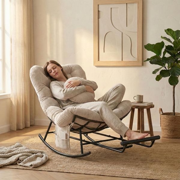 Lvhom Sedia A Dondolo Con Poggiapiedi Regolabile, Sedia A Dondolo Con Rivestimento In Corda, Sedia In Rattan Con Struttura In Acciaio E Tasca Laterale, Sedia Lounge, Beige-image