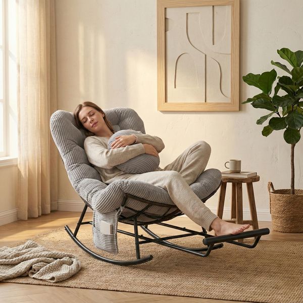 Lvhom Sedia A Dondolo Con Poggiapiedi Regolabile, Rivestimento In Corda Per Sedia A Dondolo, Sedia In Rattan Con Telaio In Acciaio E Tasca Laterale, Sedia Da Salotto, Grigio Chiaro-image