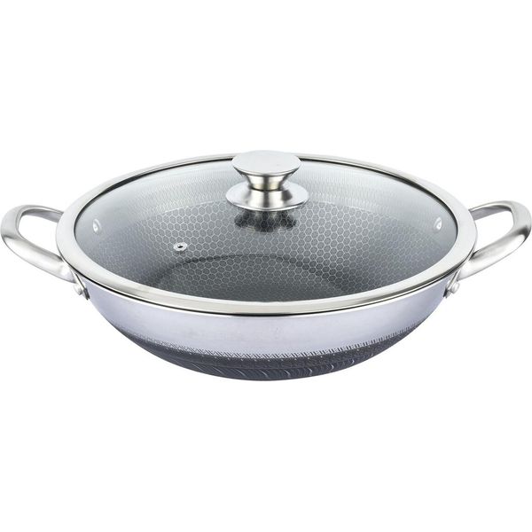 Cheffinger, Wok 36 Cm Con Rivestimento Antiaderente A Nido D'ape E Coperchio Antigraffio, Argento-image