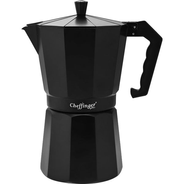 Cheffinger, Caffettiera Espresso 380 Ml 9 Tazze In Alluminio Con Manico Ergonomico, Nero-image