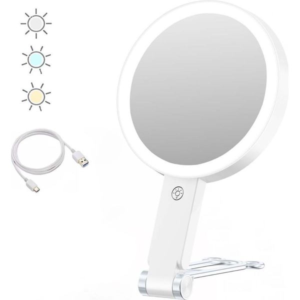 Inf Specchio Cosmetico Illuminato A Led Con Supporto A Orso, Ingrandimento 30X Bianco-image