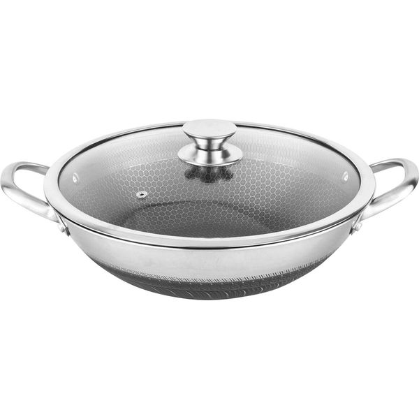 Cheffinger, Wok 32 Cm Con Rivestimento Antiaderente A Nido D'ape E Coperchio Antigraffio, Argento-image