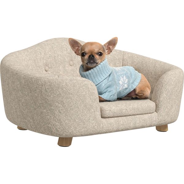 Pawhut Divano Per Animali Domestici Tappetino Per Cani Letto Per Cani Divano Per Cani Divano Per Gatti Con Cuscino Tasca Posteriore In Schiuma Di Pino Bianco Crema 70 X 47 X 30 Cm-image