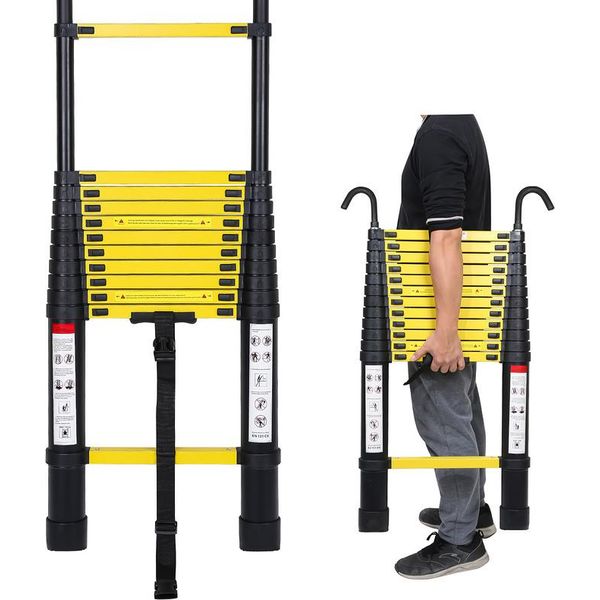 Jopassy Scala Telescopica Scala Di Prolunga Scala Pieghevole Scala A Gradini Stabile In Alluminio 3,8M Nero+Giallo Con Ganci-image