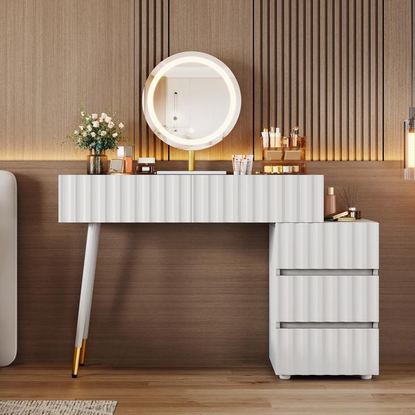 Tavolo Da Trucco Sweiko Con Specchio Led E Illuminazione - Set Da Trucco Bianco Per Camera Da Letto Con 5 Ampi Cassetti - Dimensioni: L100/H127/P40 Cm (Senza Sgabello)-image