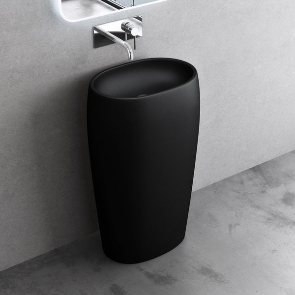 Doporro Lavabo A Colonna Per Bagno Lavabo Freestanding Da Terra Lavandino Monoblocco A Pavimento In Marmo Resina 53,5X36X88 Cm Nero, Lavabo Autoportante Senza Foro Rubinetto Colossum32-image