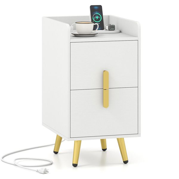 Comodino Costway Con Stazione Di Ricarica, Comodino Stretto Con 2 Cassetti E Gambe In Metallo, Tavolino, Cassettiera Per Letto 40X32X60Cm Bianco-image