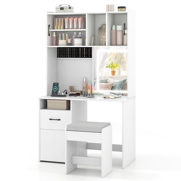 Set Di Tavolini Da Toilette Costway Con Specchio Led E Sgabello, Tavolino Da Toilette Con Prese Di Corrente, 3 Ante, Cassetto E Portagioie, Tavolino Cosmetico 100X50X170Cm-image