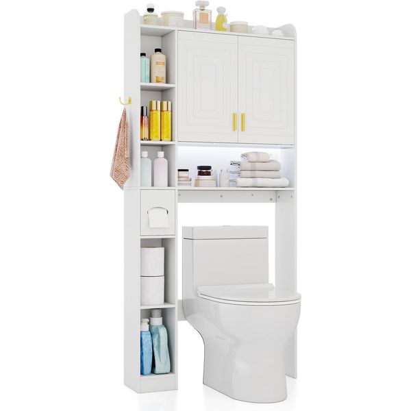 Costway Scaffale Per Wc, Scaffale Sopra Il Wc Con Illuminazione, 2 Ante, 6 Ripiani, Portafazzoletti, Ganci E Ripiano Regolabile, Armadio Per Wc, Bianco-image