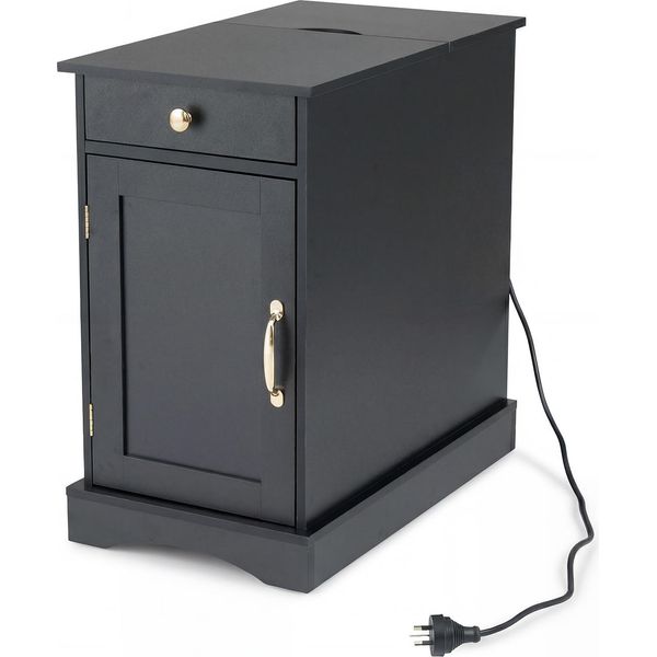 Costway Tavolino Con Stazione Di Ricarica, Comodino Con Ripiano Regolabile, Armadio, Cassetto E Vassoio, Comodino In Legno, Tavolino Da Salotto, Nero-image