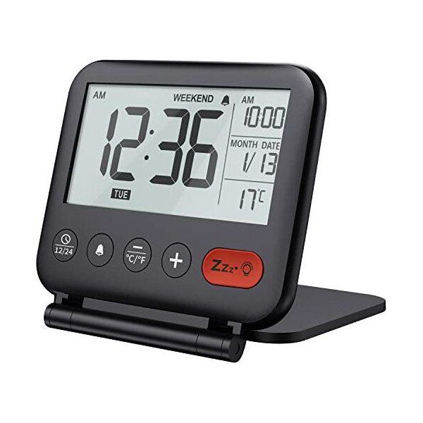 Noklead Mini Sveglia Digitale - Piccolo E Moderno Display Da Viaggio Con Temperatura, Data, Lcd -Snooze - Retroilluminazione, Batteria -Tavolo -Salotto (Nero)-image