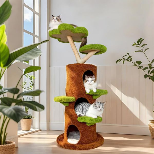 Wisfor Tiragraffi In Legno, Albero Per Gatti Con Grotta Per Gatti, Piattaforme, 148 Cm Tiragraffi Per Gatti Con Piattaforma Di Osservazione, Verde+Marrone-image