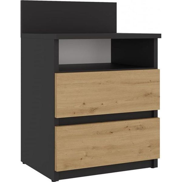 Moderno Comodino Malwa M1 Con 2 Cassetti – Design Senza Maniglie | Colore: Antracite/Rovere Artigianale-image