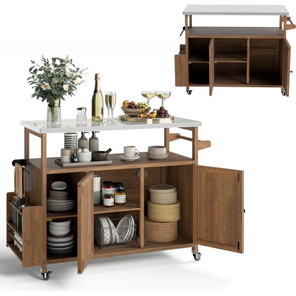 Carrello Barbecue Komfotteu Con Piano Di Lavoro In Acciaio Inox, Carrello Da Cucina Con Armadietto, Portasciugamani, Portaspezie, Carrello Di Servizio Con Ripiani Regolabili, Per Picnic, Feste-image