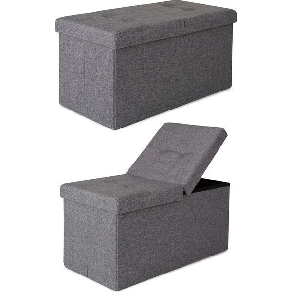 Panca Portaoggetti Dibea In Lino, Sgabello Elegante Con Coperchio A Cerniera, Spazio Di Archiviazione Di 80 L, Carico Fino A 300 Kg, 76X38X38 Cm, Grigio-image