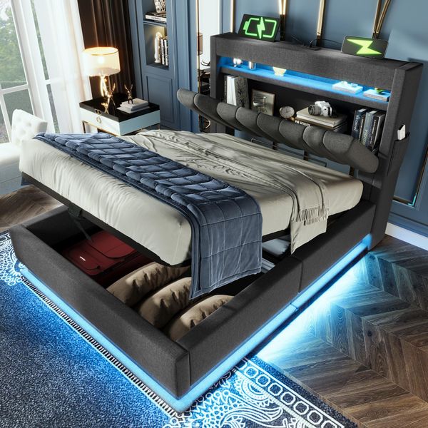 Letto Imbottito Flieks 90X200Cm Con Funzione Di Ricarica (Usb & Type-C), Letto Singolo Per Ragazzi Con Led, Letto Contenitore Letto A Molle Con Spazio Di Archiviazione, Lino, Grigio-image