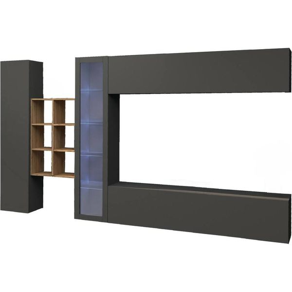 Dmora Parete Attrezzata Alessano 30X280X180H Cm Nero Antracite, 20 Vani Apertura Battente E A Ribalta Italy-image