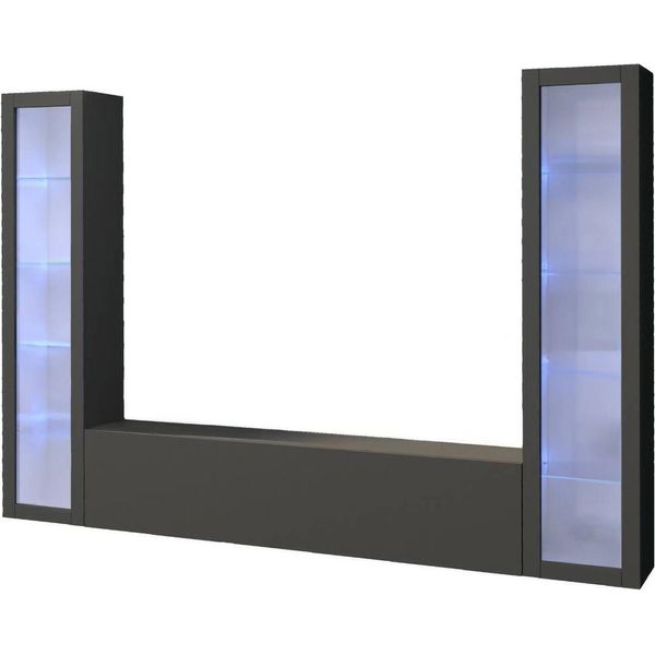 Dmora Parete Attrezzata Leda 30X260X180H Cm Nero Antracite, 3 Ante Apertura Battente E A Ribalta Italy-image