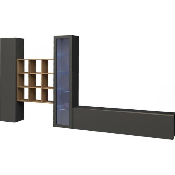 Dmora Parete Attrezzata Arizzano 30X310X180H Cm Nero Antracite, 21 Vani Apertura Battente E A Ribalta Italy-image