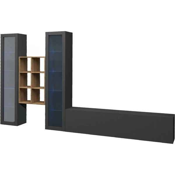 Dmora Parete Attrezzata Lome 30X320X180H Cm Nero Antracite, 3 Ante Apertura Battente E A Ribalta Italy-image