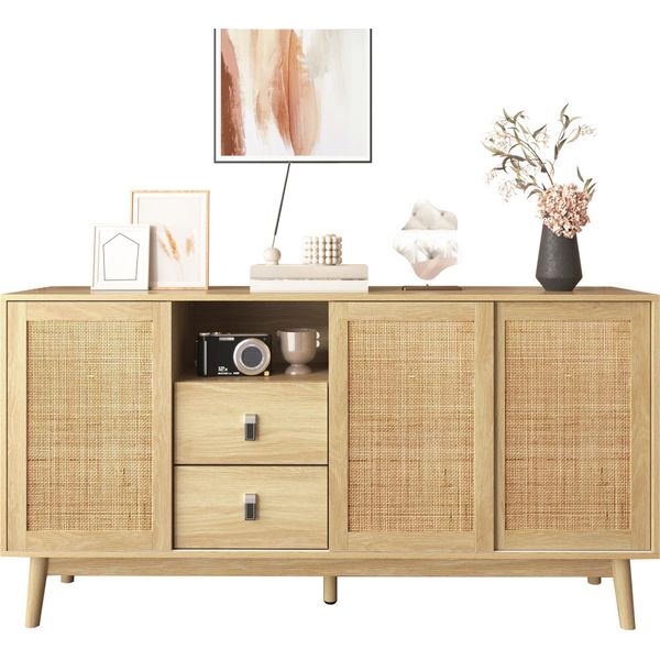 Credenza Sweiko Con 3 Ante Scorrevoli In Vero Rattan E 2 Cassetti, 155X38X80 Cm, Traspirante, Stabile E Versatile-image