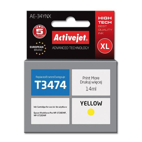 Activejet AE-34YNX Ink Cartridge (Replacement For Epson 34XL T3474; Supreme; 14 Ml; Yellow)-image