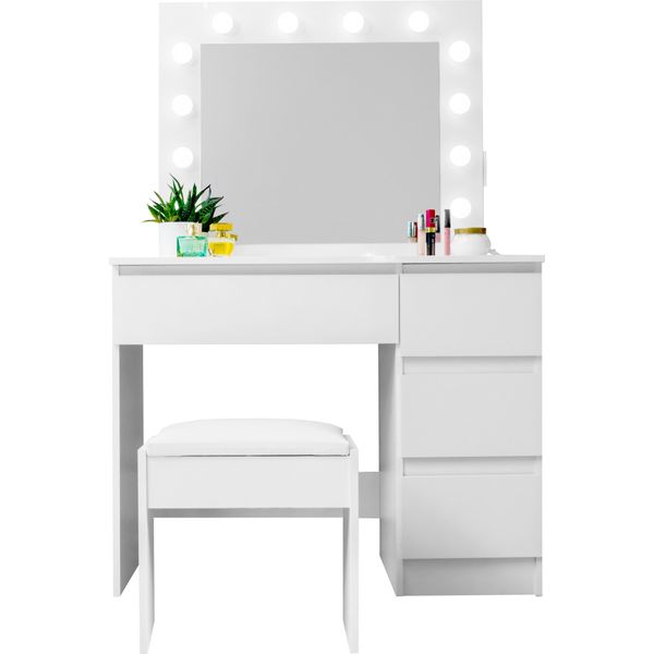 Aga Tavolo Da Toeletta Con Specchio, Illuminazione Ed El.Presa + Sgabello Bianco Lucido-image