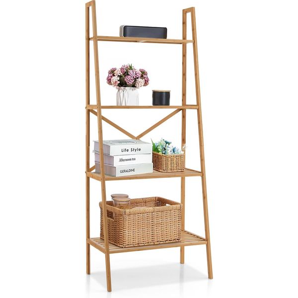 Costway Scaffale A Scala In Bambù, Libreria A 4 Livelli, Scaffale In Piedi Naturale, Per Ufficio E Soggiorno, 60 X 35,5 X 148 Cm-image