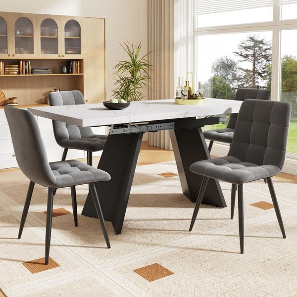 Set Da Pranzo Flieks 5 Pezzi, Tavolo Rettangolare Allungabile In Marmo, Tavolo Da Pranzo Con 4 Sedie Da Pranzo, Sedie Imbottite Con Rivestimento In Velluto, Tavolo Bianco, Sedia Grigia-image