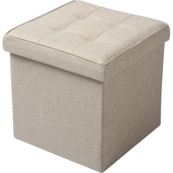 Sgabello Con Vano Portaoggetti - Pouf Pieghevole - Dimensioni 37,5 X 37,5 X 38 Cm - Volume 40 L - Portata 300 Kg - Rivestimento In Lino - Beige-image