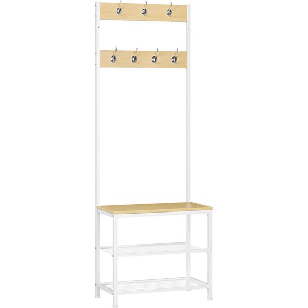 Appendiabiti Da Terra Con Ripiano Per Scarpe - Appendiabiti - 7 Ganci - Ripiano 60X30 Cm - Altezza 170 Cm - Metallo Antigraffio E Mdf - Bianco E Legno Naturale-image