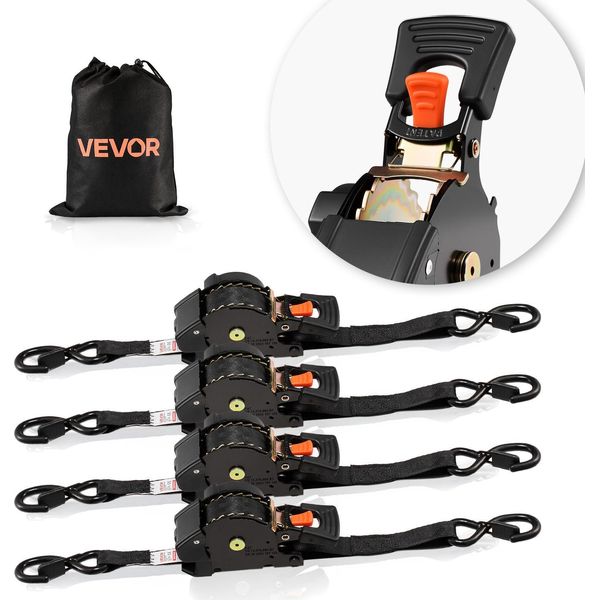 Cinghia Di Tensionamento Automatica Vevor, 25,4X4876,8 Mm, Cinghie Di Fissaggio Con Ganci A S, Carico Di Rottura 700 Kg, Borsa Per Il Trasporto, Cinghie A Cricchetto Retrattili Per Traslochi, Rimorchi, Motociclette, Kayak, Tetti Delle Auto, Confezione Da 4 Pezzi-image