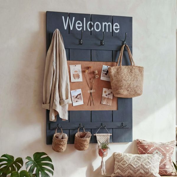 Appendiabiti Da Parete HWC-C89 Con Bacheca, Pannello Appendiabiti, Look Shabby Vintage, 8 Ganci 91X60Cm ~ Grigio Scuro, Shabby-image