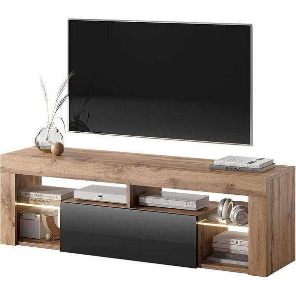 Selsey Bianko - Mobile Tv/Soggiorno - 140 Cm - Rovere Lancaster/Nero Lucido - Con Illuminazione Led - Moderno-image