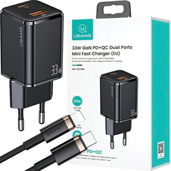 Usams ŁAd. Rete. 1Xusb-C+1Xusb T43 33Wpd3.0 +Qc3.0 + Cavo U63 Usb-C A Lightning Nero/Nero Usktz01-image