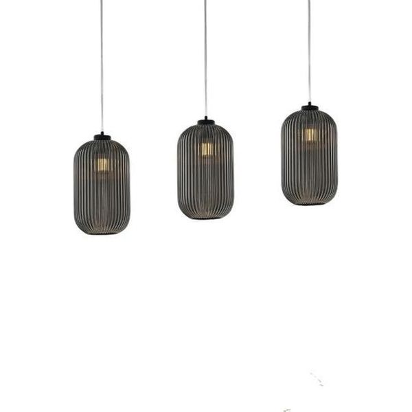 Krizia Sospensione In Ferro Laccato Nero Con Cavo Regolabile E Diffusore In Vetro Soffiato Grigio Specchiato Con Dec. Rigatura In Rilievo 1 Luce-image
